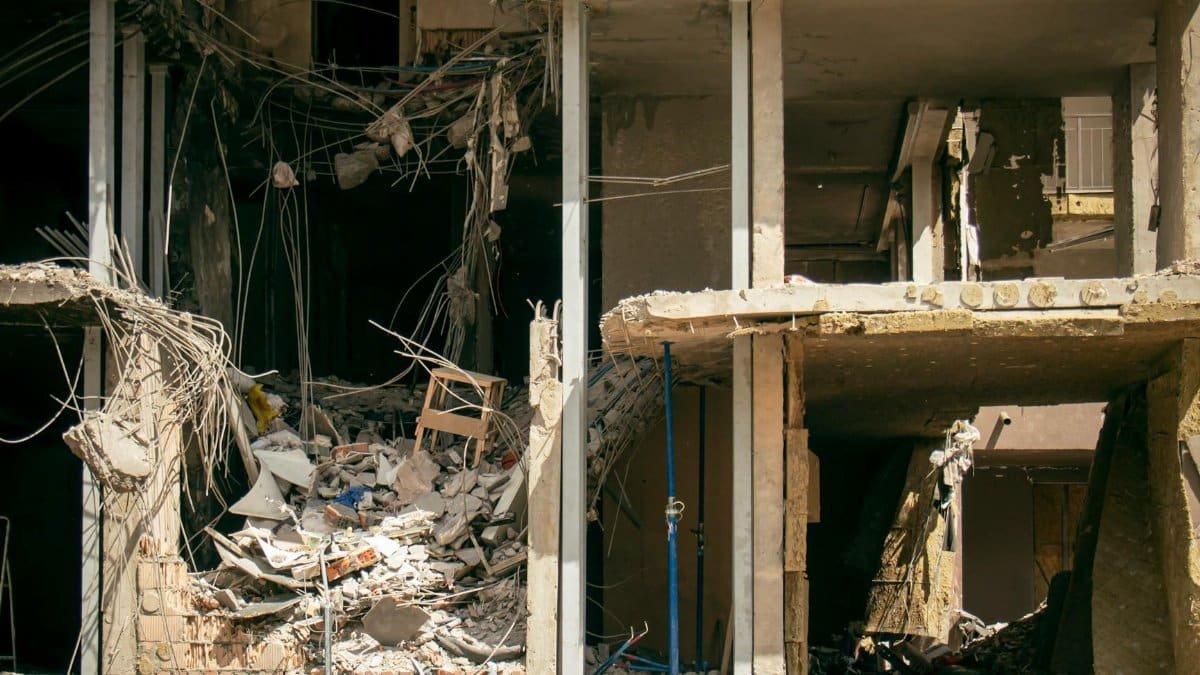 A demolished building in Kyiv, Ukraine, illustrating urban devastation and destruction.