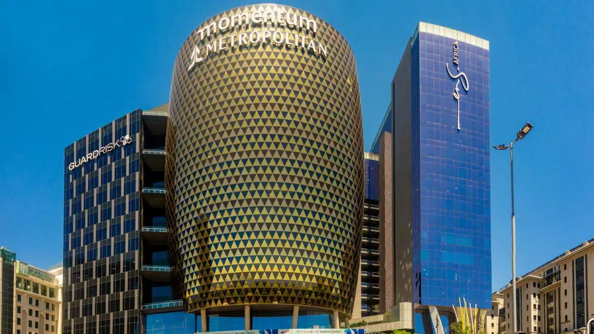 Stunning view of Sandton's Momentum Metropolitan building on a clear day.