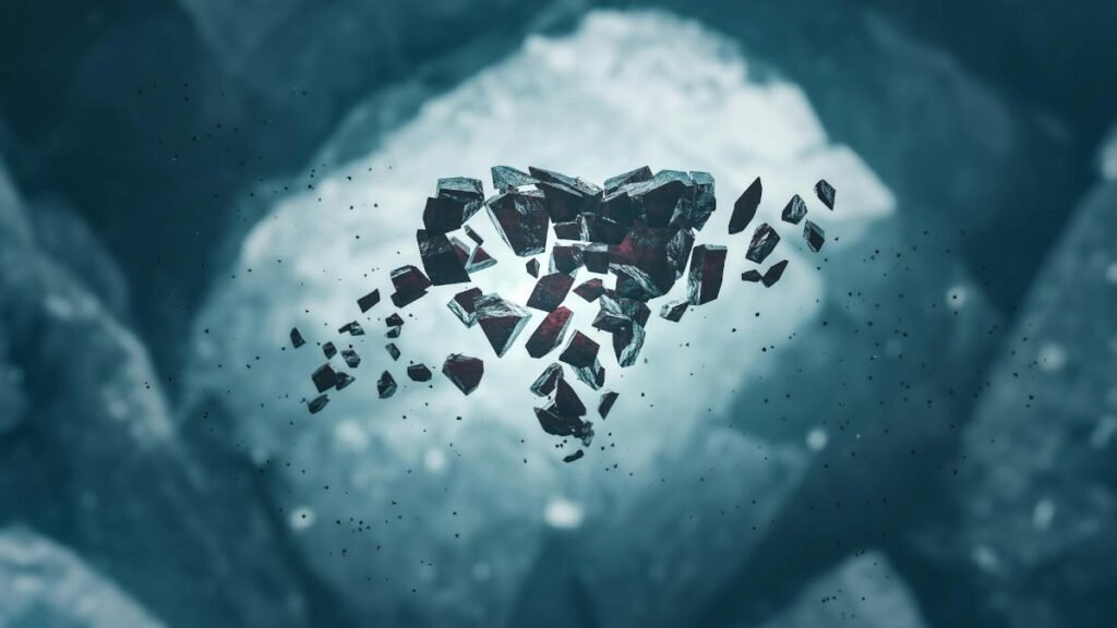 Exploding heart-shaped fragments in an icy abstract setting.