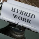 Retro typewriter with 'Hybrid Work' text, symbolizing modern work trends.