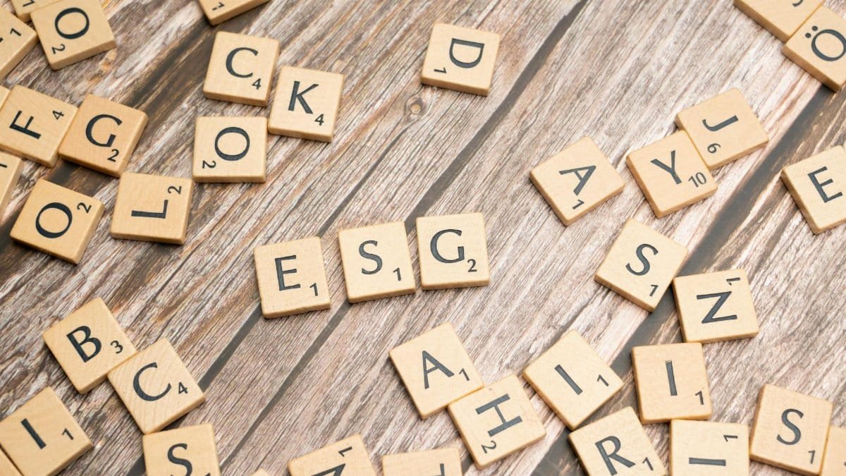 Wooden letter tiles spell ESG on a rustic wooden surface, emphasizing sustainability.