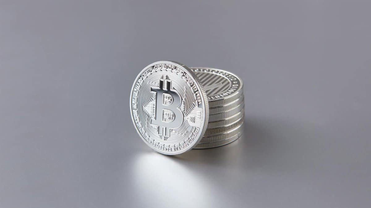 Stack of silver Bitcoin coins on a smooth gray surface, representing digital currency.