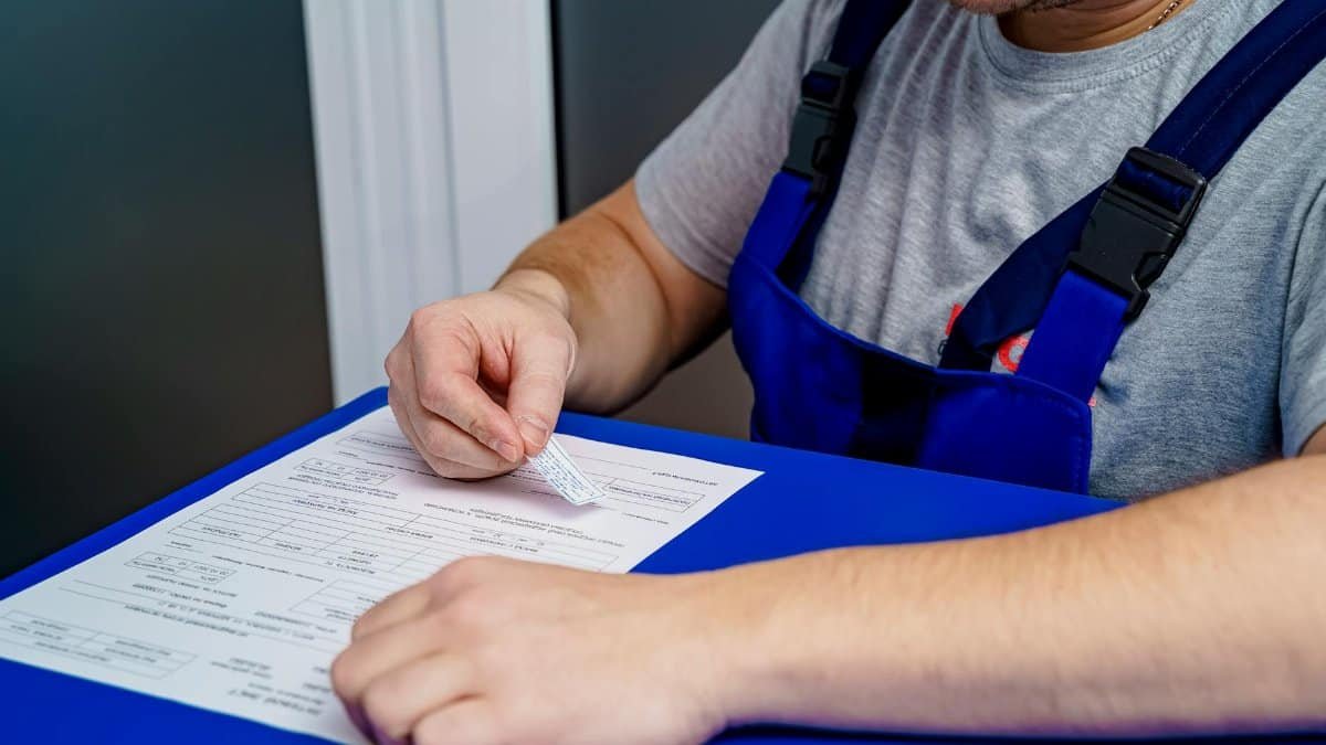 A mechanic in overalls reviews paperwork at a desk in an office setting.