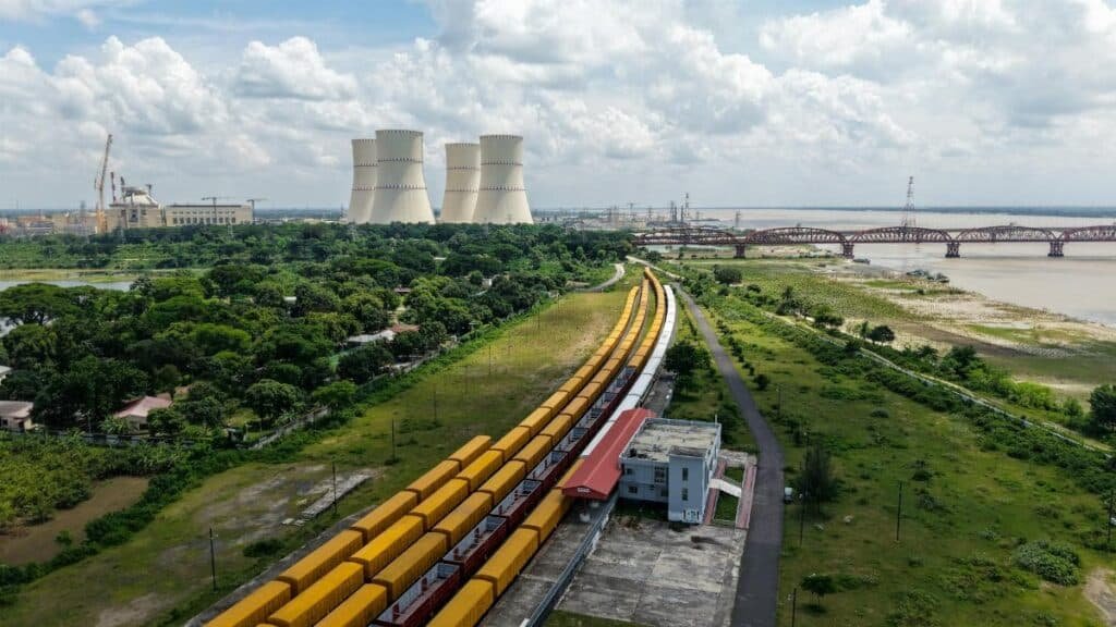 Aerial shot of the Rooppur Nuclear Power Plant in Bangladesh, highlighting infrastructure and surrounding landscape.