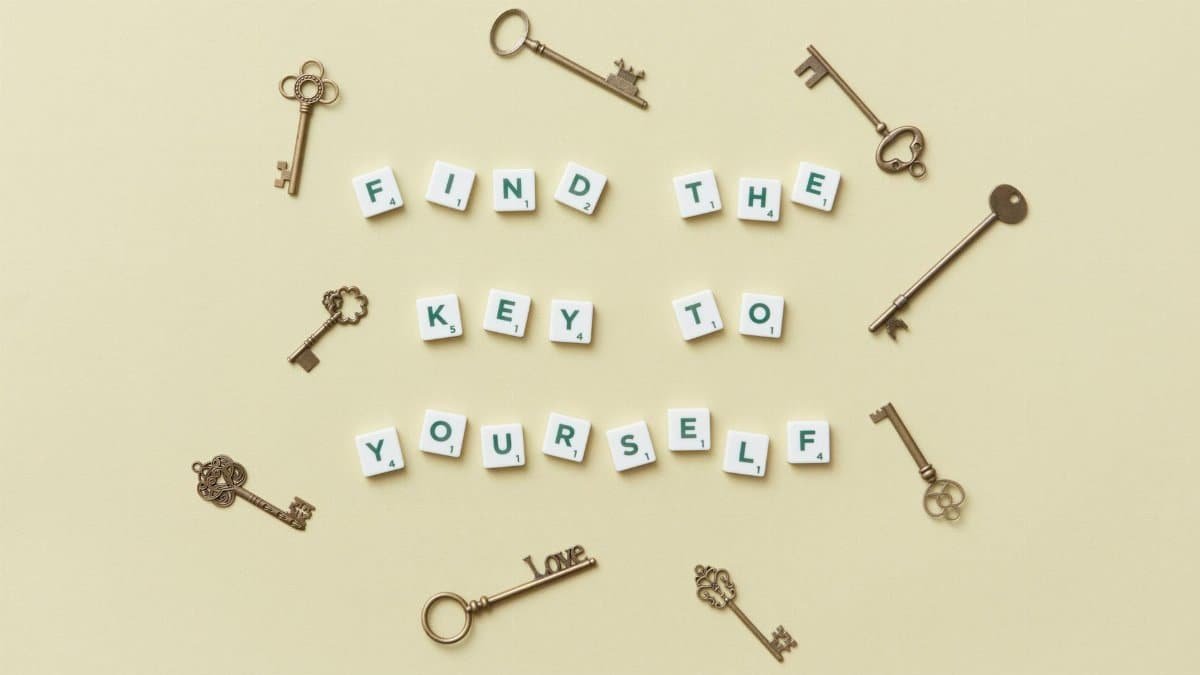 Creative arrangement of vintage keys and motivational text 'Find the key to yourself'.