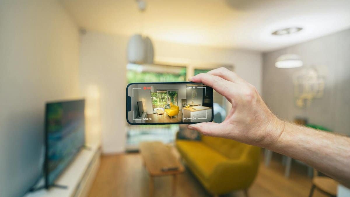 Explore a stylish living room using a smartphone for virtual real estate tours.