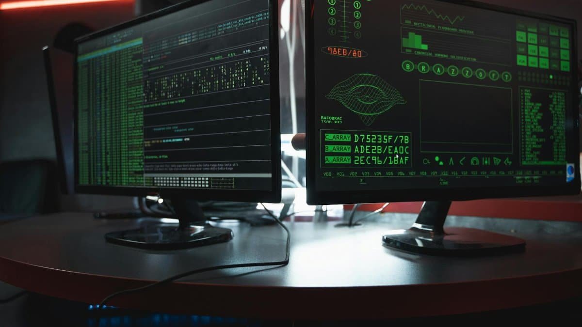 Close-up of dual computer monitors with green coding interfaces in a dark room, highlighting cyber security themes.