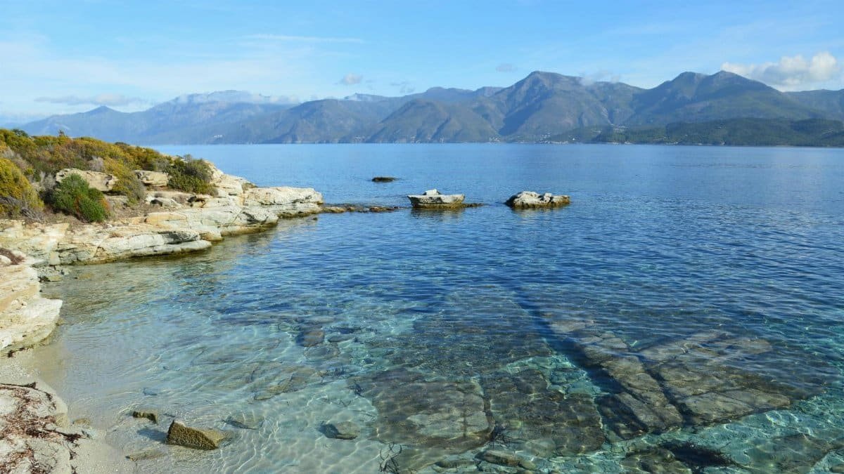 Stunning clear waters and rocky shoreline of Patrimonio, Corsica against majestic mountains.