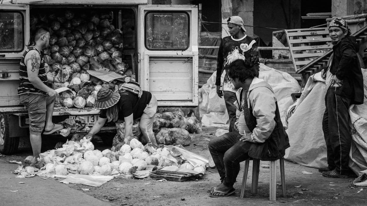 Black and white photo of street vendors unloading cabbages at a bustling outdoor market.