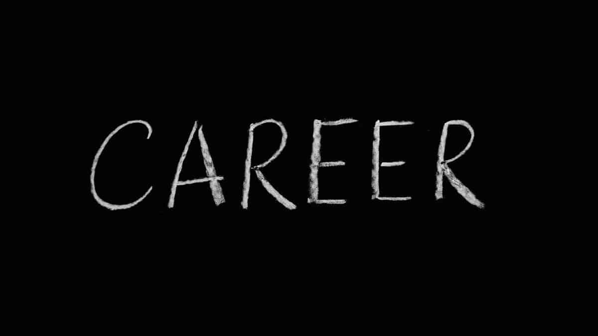 Chalk writing of 'Career' on a blackboard, symbolizing professions and jobs.