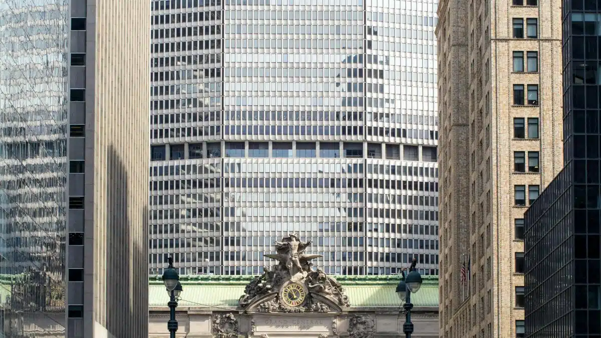 View of the Grand Central Terminal beneath the MetLife Building in New York City.