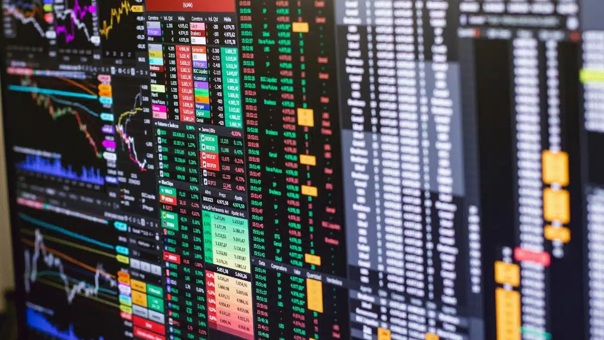 Detailed financial trading screen with colorful charts and data representing market fluctuations.