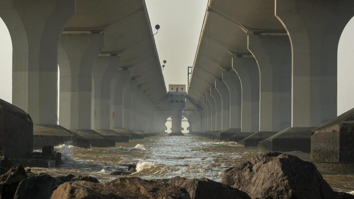 Symmetrical concrete columns of a bridge spanning over rocky coastal waters, evoking calm and stability.