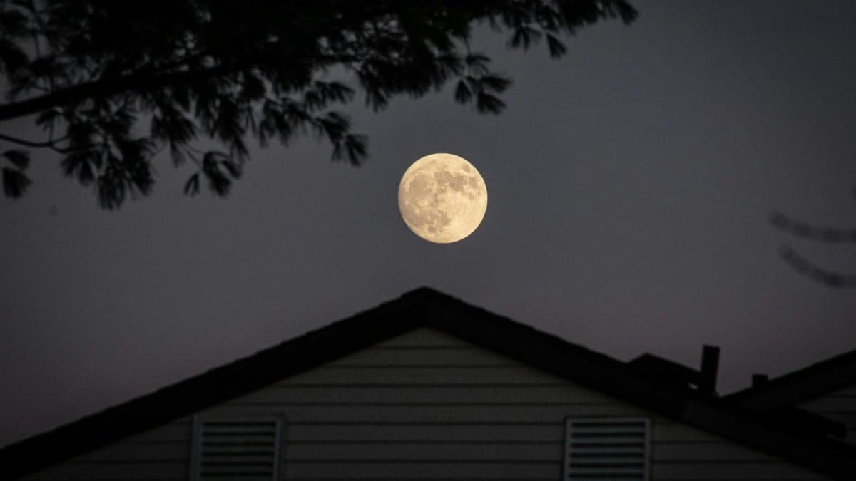 A full moon illuminating the night sky above a silhouetted house with trees.