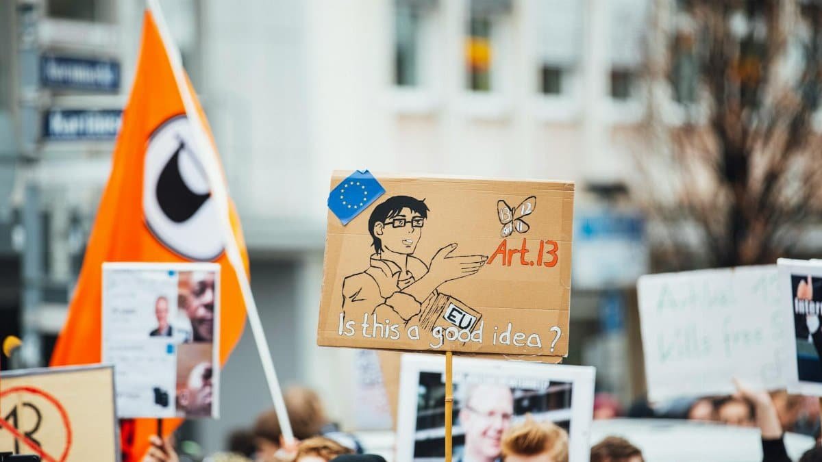 A protest in Nuremberg against EU Article 13, highlighting digital rights activism.