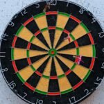 Vibrant dartboard against textured wall with darts on bullseye, symbolizing precision.