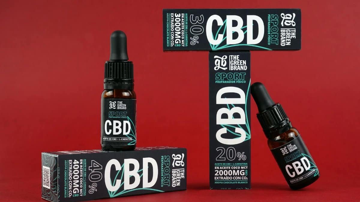 CBD oil products in packaging on display, highlighting sports and wellbeing benefits.