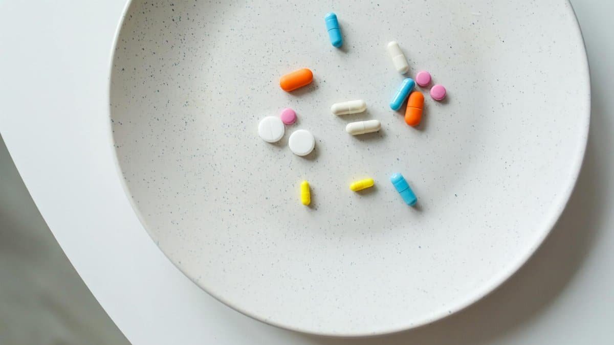 A variety of colorful medicine pills arranged on a white plate, symbolizing healthcare.