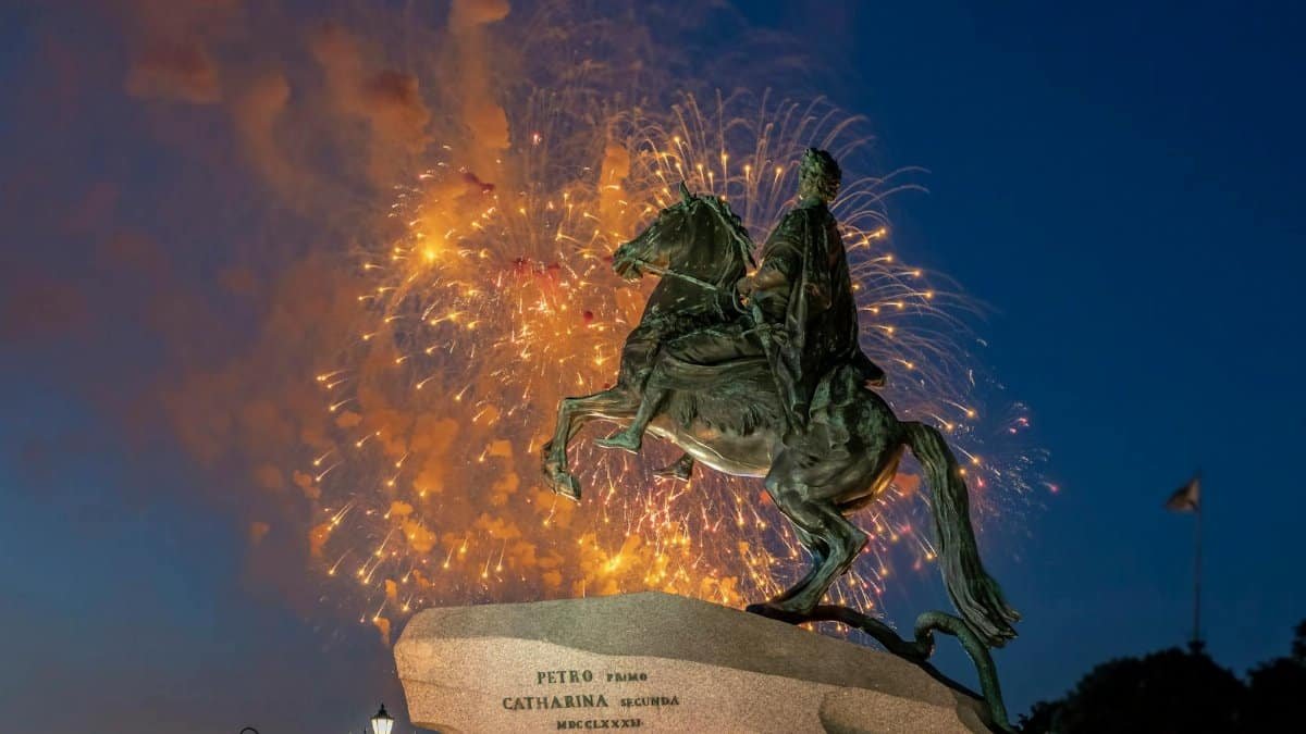 Fireworks illuminate the Bronze Horseman statue in Saint Petersburg, Russia.