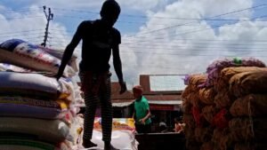 Silhouette of workers stacking large sacks at an outdoor market under a bright sky.