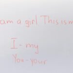 Handwritten English lesson on whiteboard with sentences and pronouns.