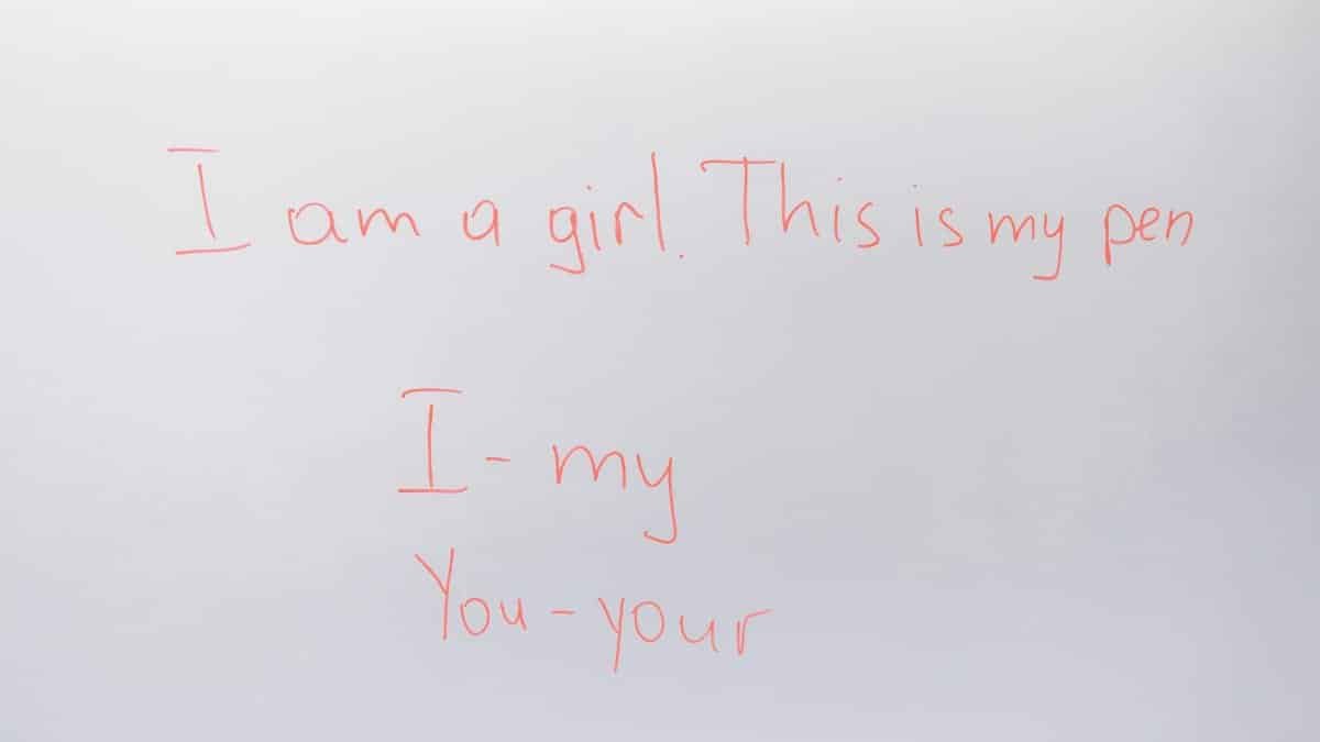 Handwritten English lesson on whiteboard with sentences and pronouns.