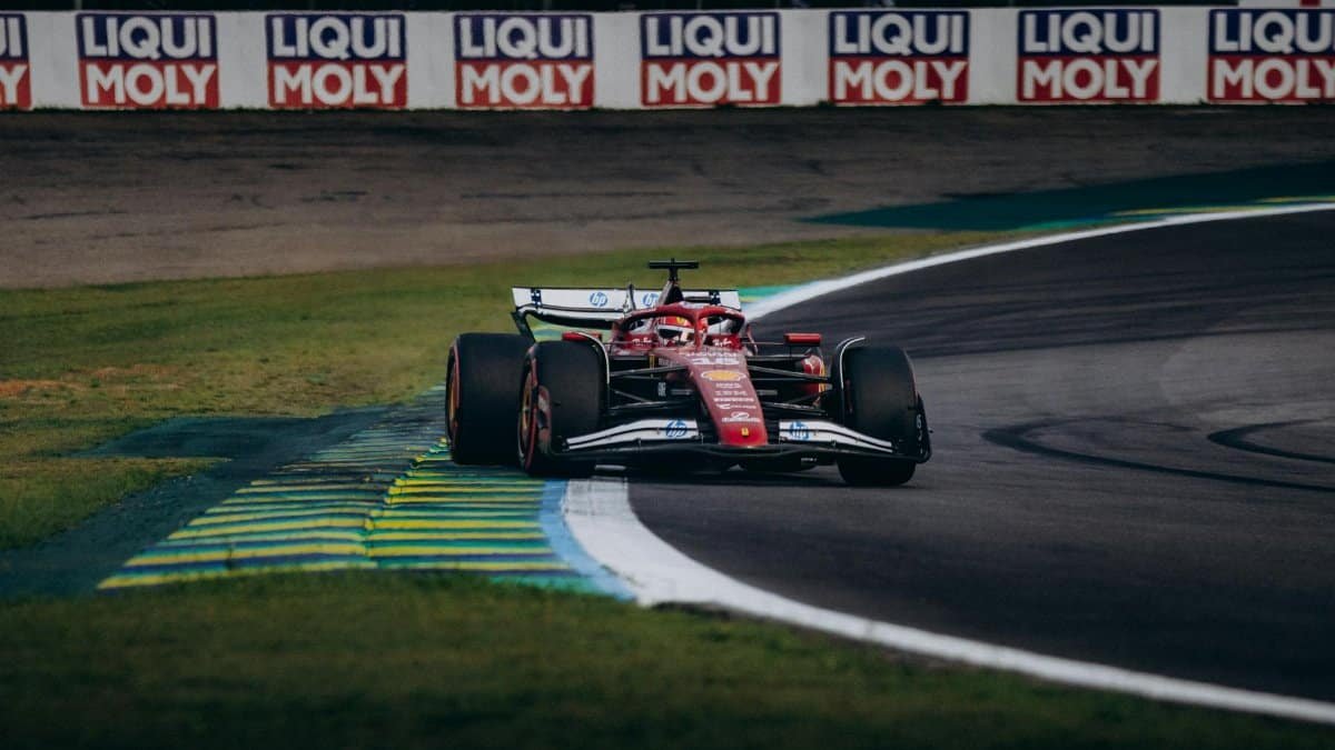 High-speed Formula 1 racing at Interlagos Circuit, São Paulo, Brazil.