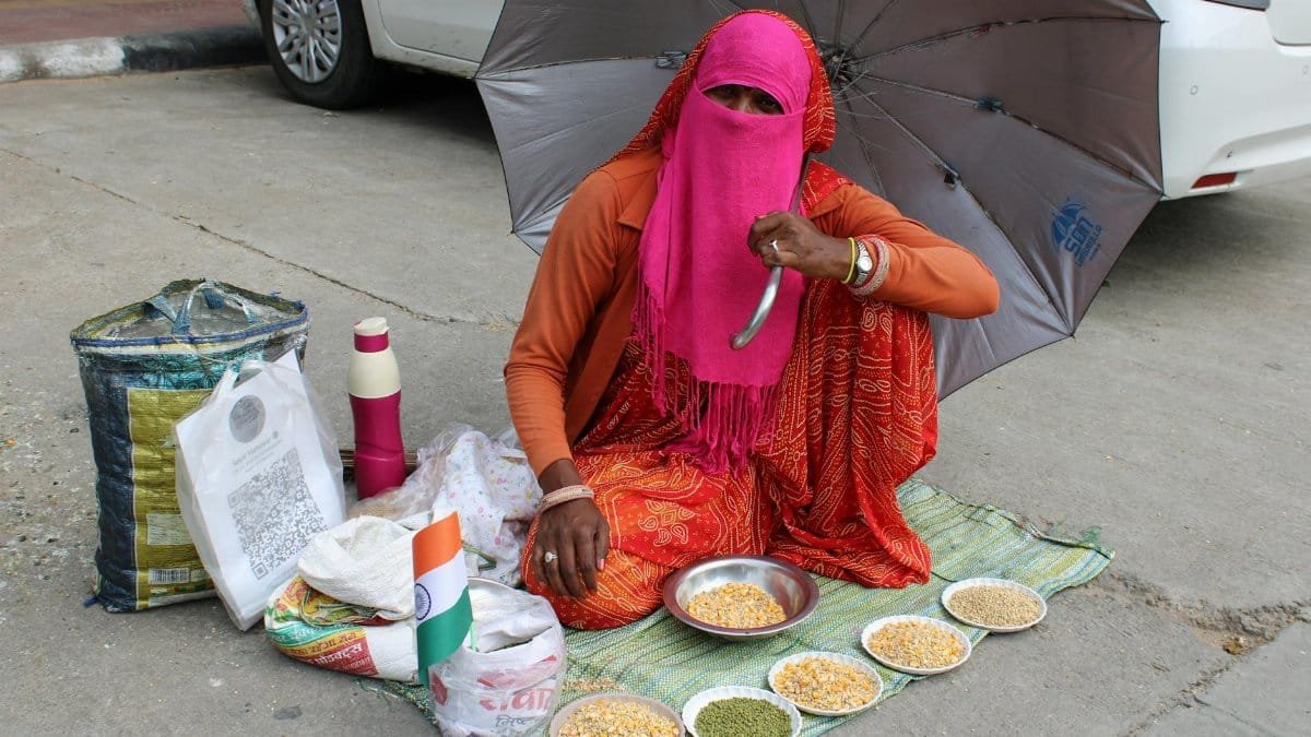 Indian street vendor in Jaipur offering grains under an umbrella with QR code payment option.