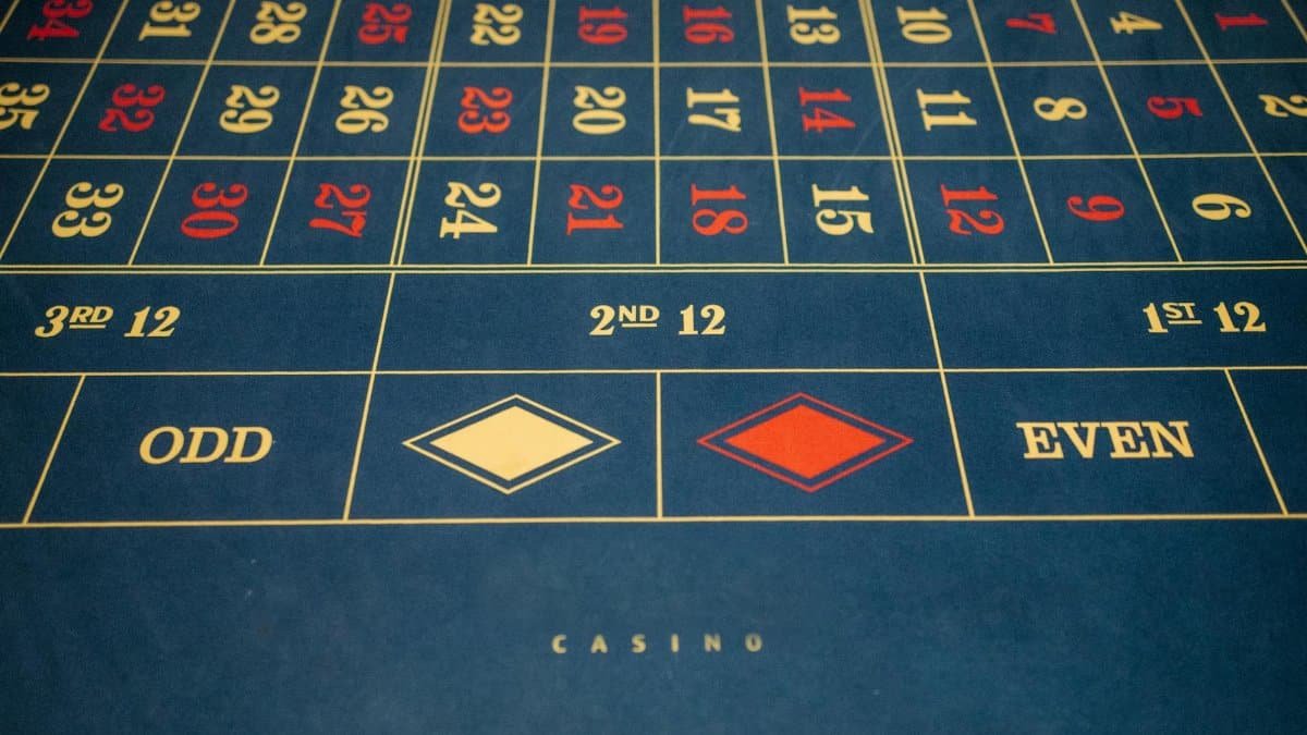Detailed view of a casino roulette table with numbers and betting options.