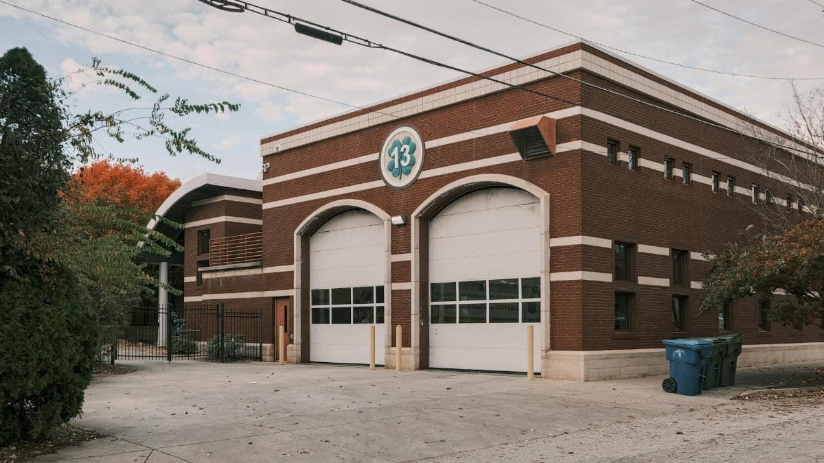 A modern fire station building with distinct brick architecture in Atlanta, Georgia.