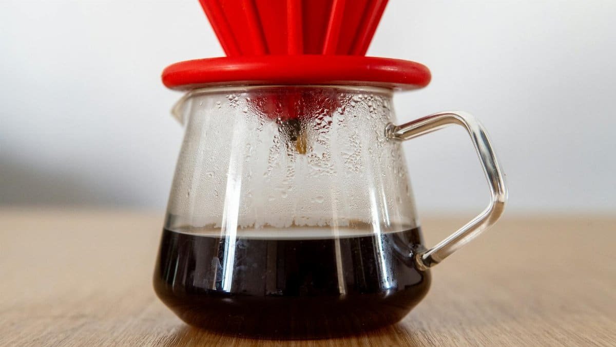 Glass V60 coffee dripper with freshly brewed coffee, showcasing steam and condensation.