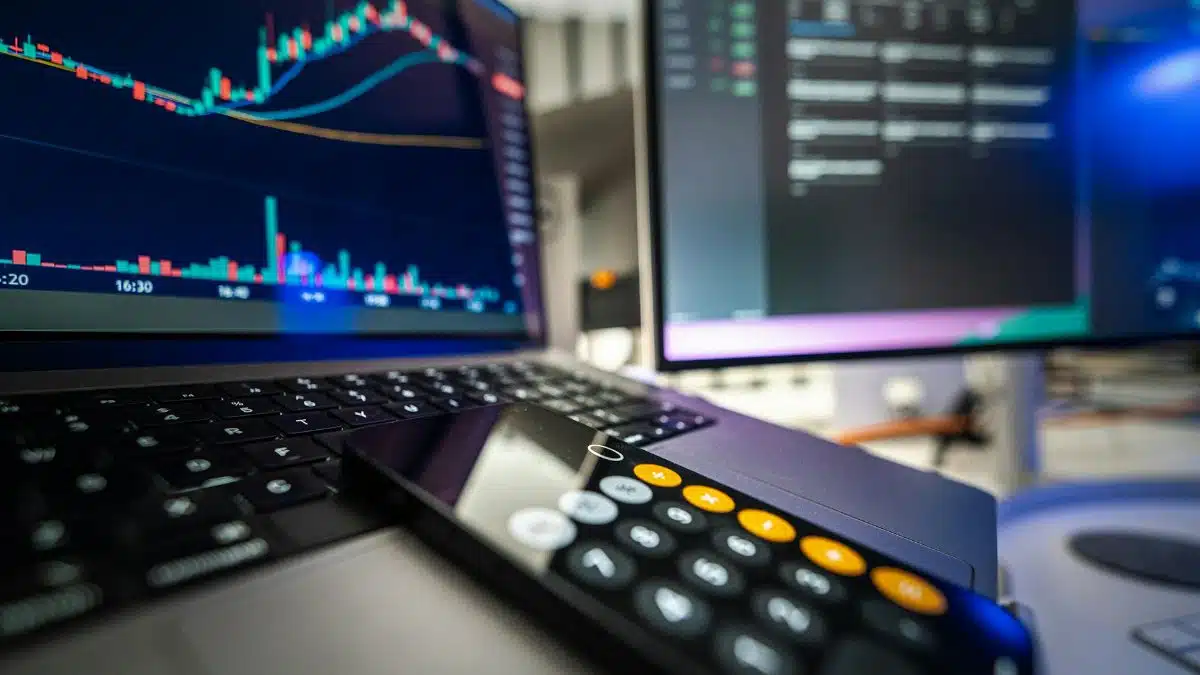 Close-up view of financial analysis on laptop and screen with calculator for business strategy.