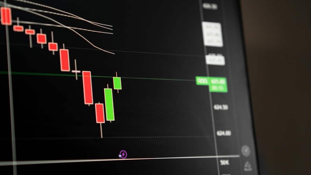 Candlestick chart showing a downward trend in the stock market analysis.