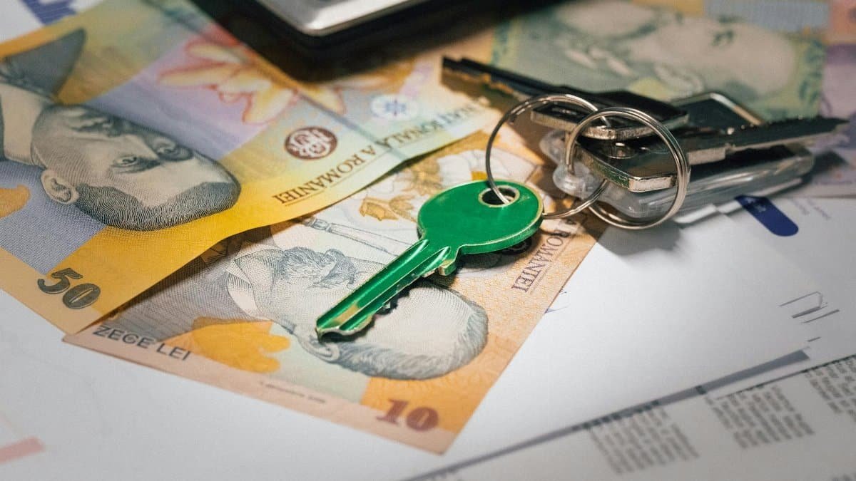 Close-up of Romanian banknotes with a set of keys, representing real estate investment and financial planning.