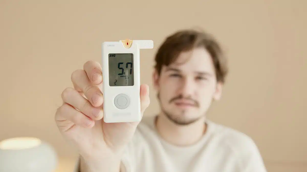 Close-up of a man holding a glucometer to check blood sugar levels, highlighting diabetes awareness.