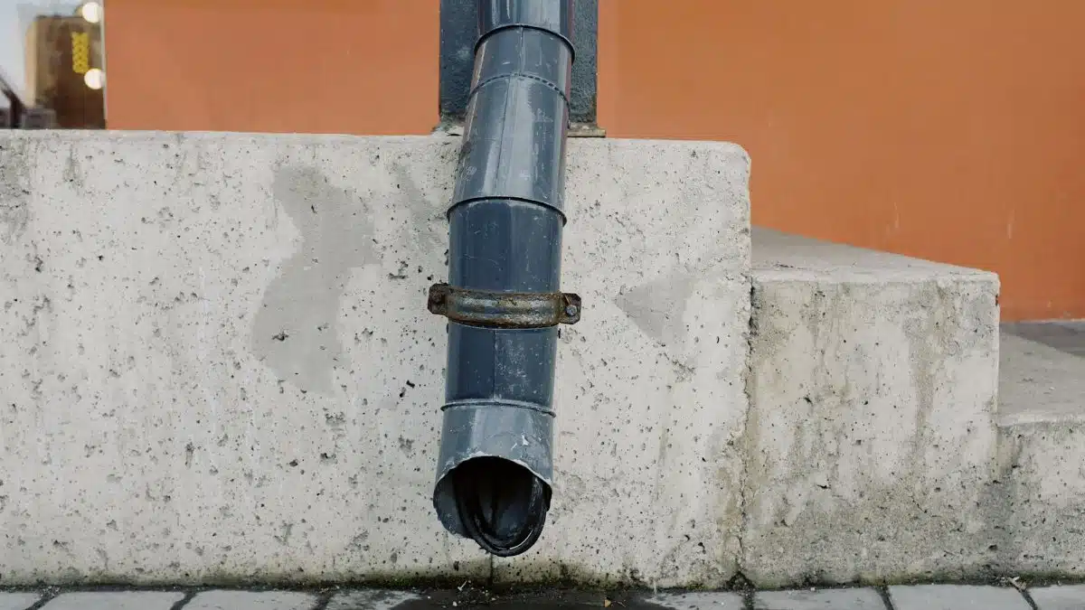 Aged metal drain pipe on a concrete wall with water stains, highlighting urban decay.