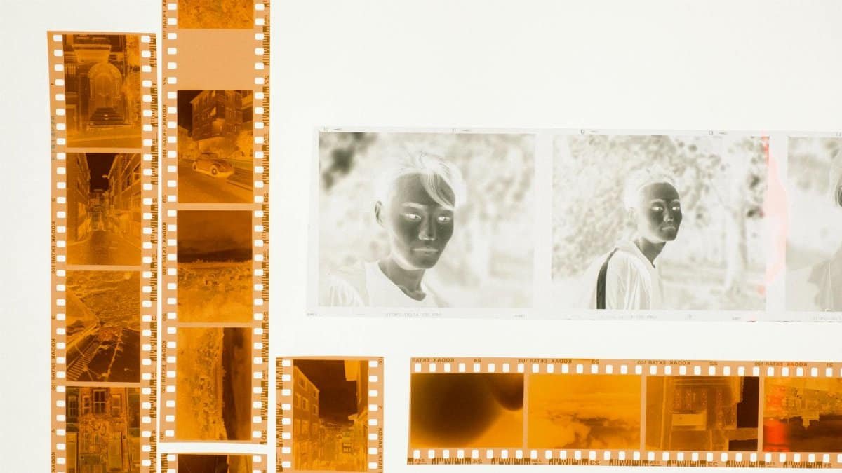 Colorful film strips and photo negatives arranged on a light table for a creative display.
