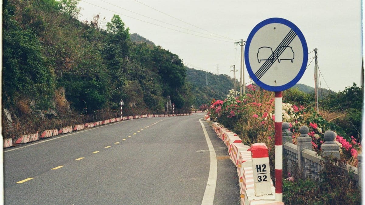 Quiet rural road in the countryside featuring a no overtaking sign and lush greenery.