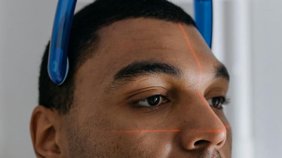 Man undergoing a dental CT scan with laser alignment in a clinic setting.