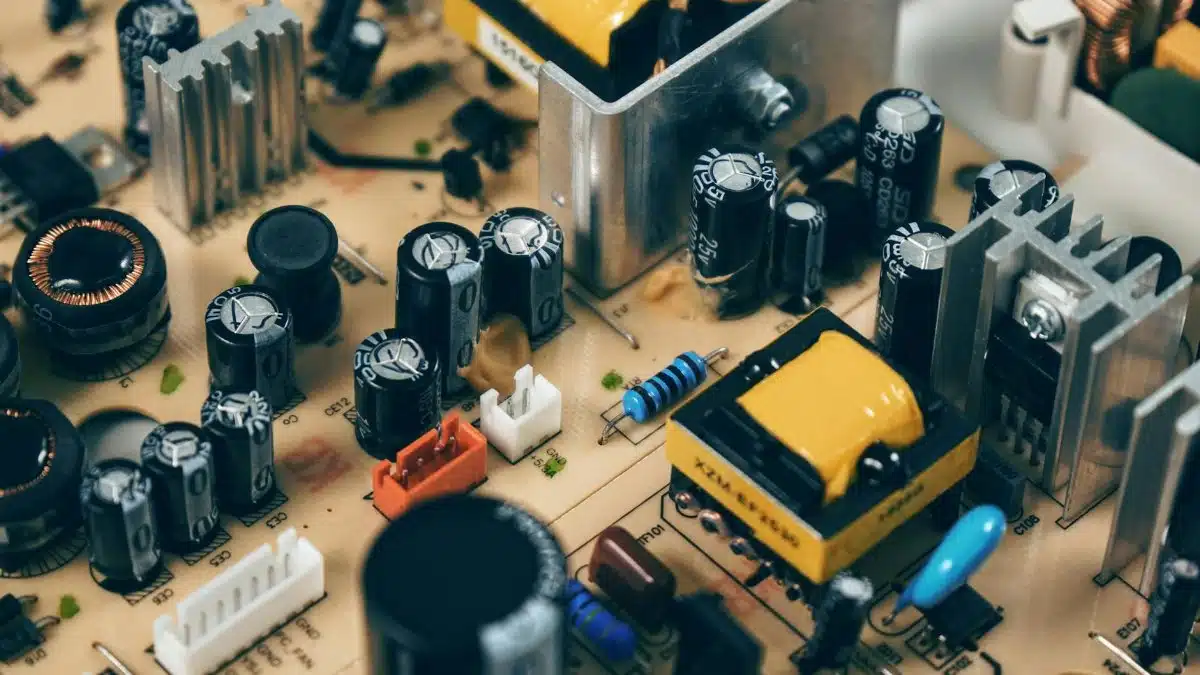 Detailed shot of capacitors and resistors on a circuit board, showcasing modern technology.