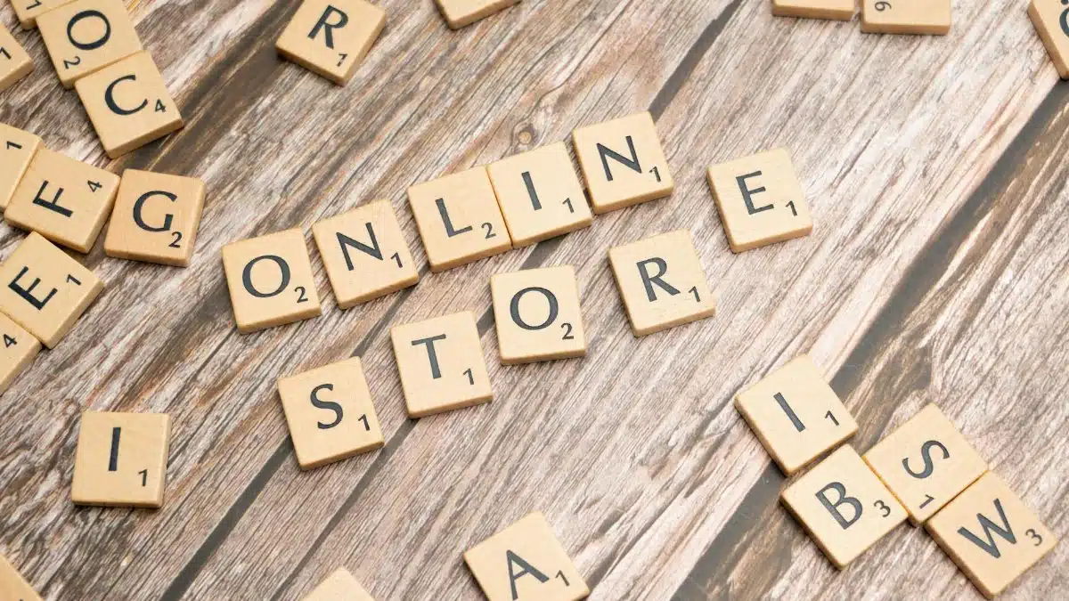 Scrabble tiles spelling 'online store' on a rustic wooden background.