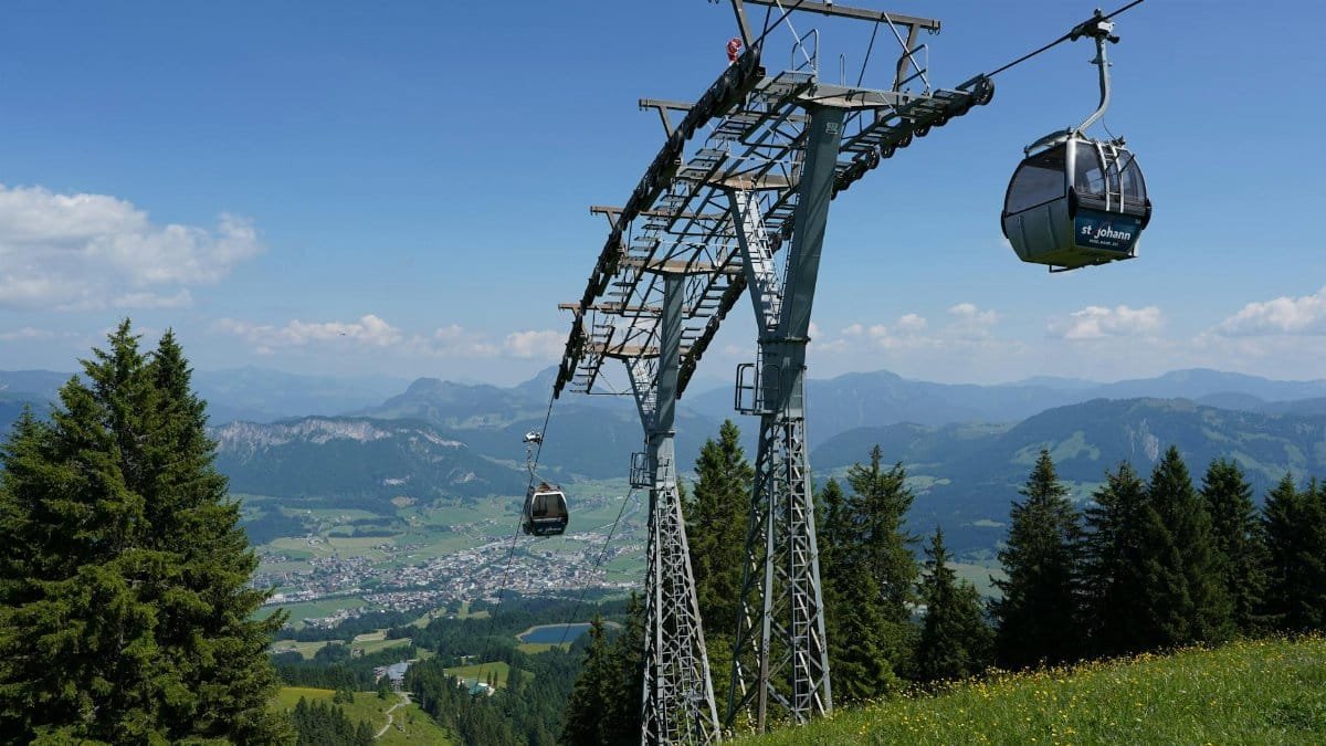 Idyllic view of a gondola lift in Sankt Johann, Tyrol, with mountains in the background.