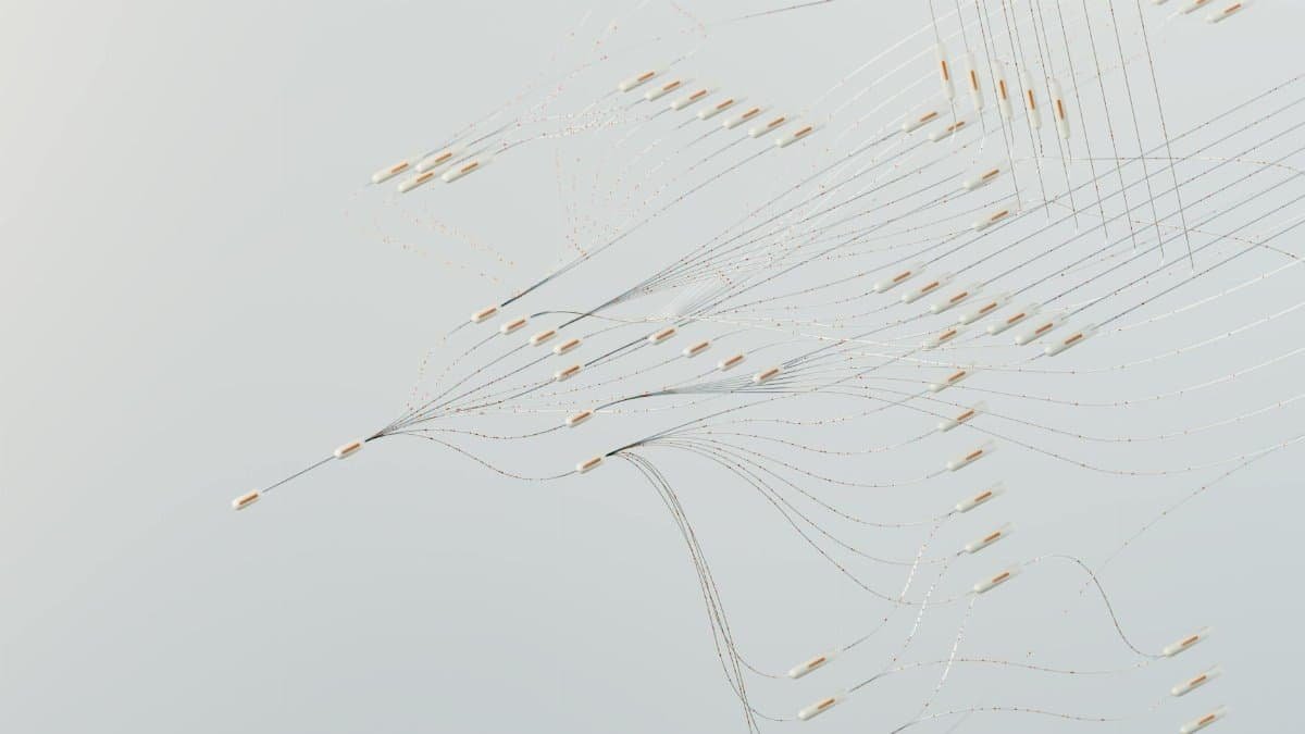 Abstract illustration depicting complex digital neural networks and data flow.