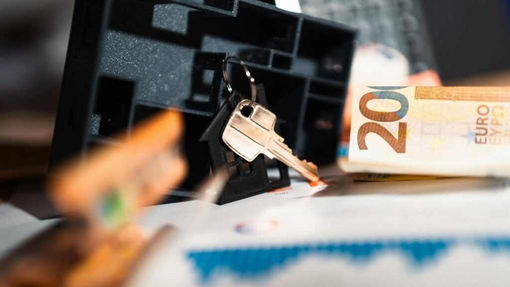 Keys with a house model, Euro bills, and charts suggesting real estate and financial themes.