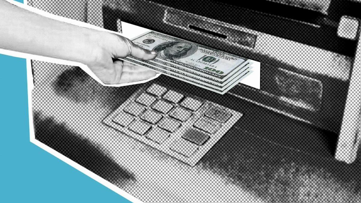 Illustration of a hand withdrawing US dollars from an ATM machine, graphic style.