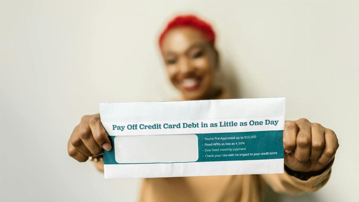 Woman presenting an envelope with a credit card debt offer, blurred background.