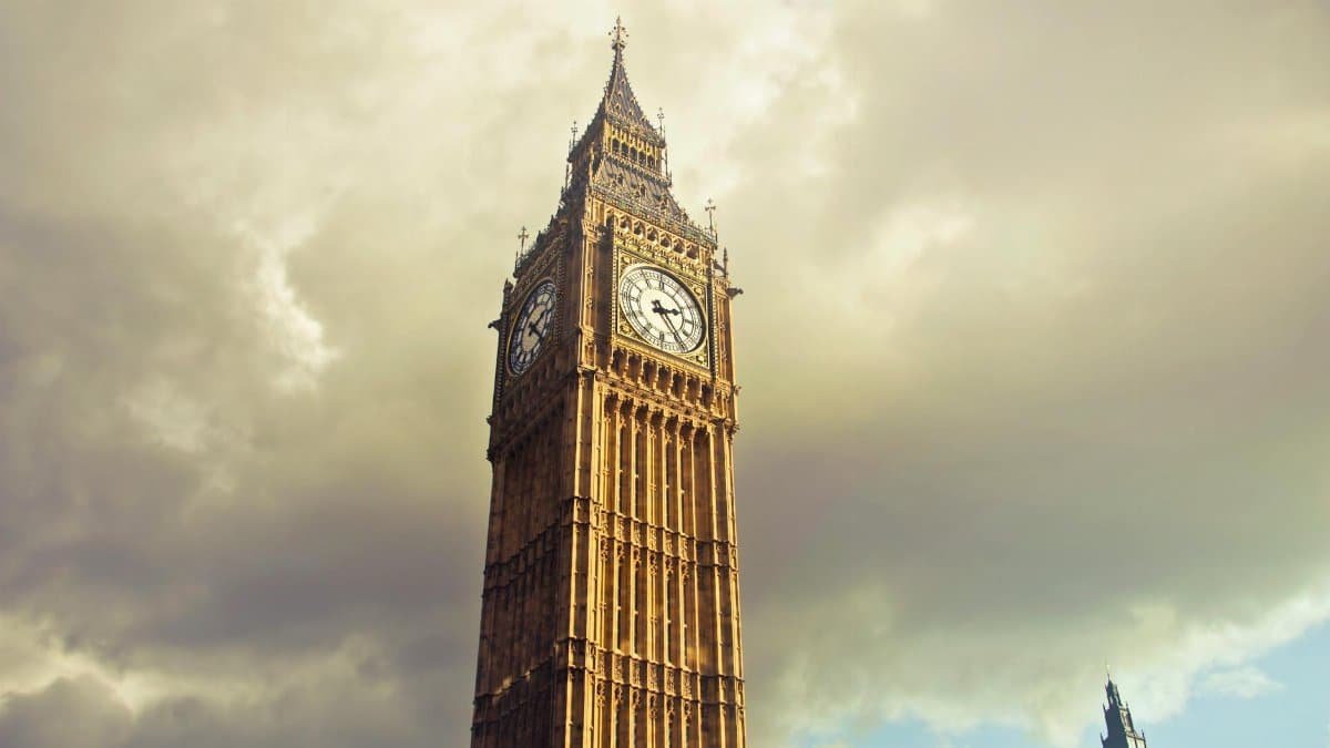 Capture of Big Ben against a cloudy sky in London's cityscape, symbolizing British heritage.