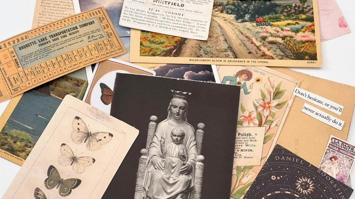 A flat lay of diverse vintage ephemera and postcards featuring art and nature.
