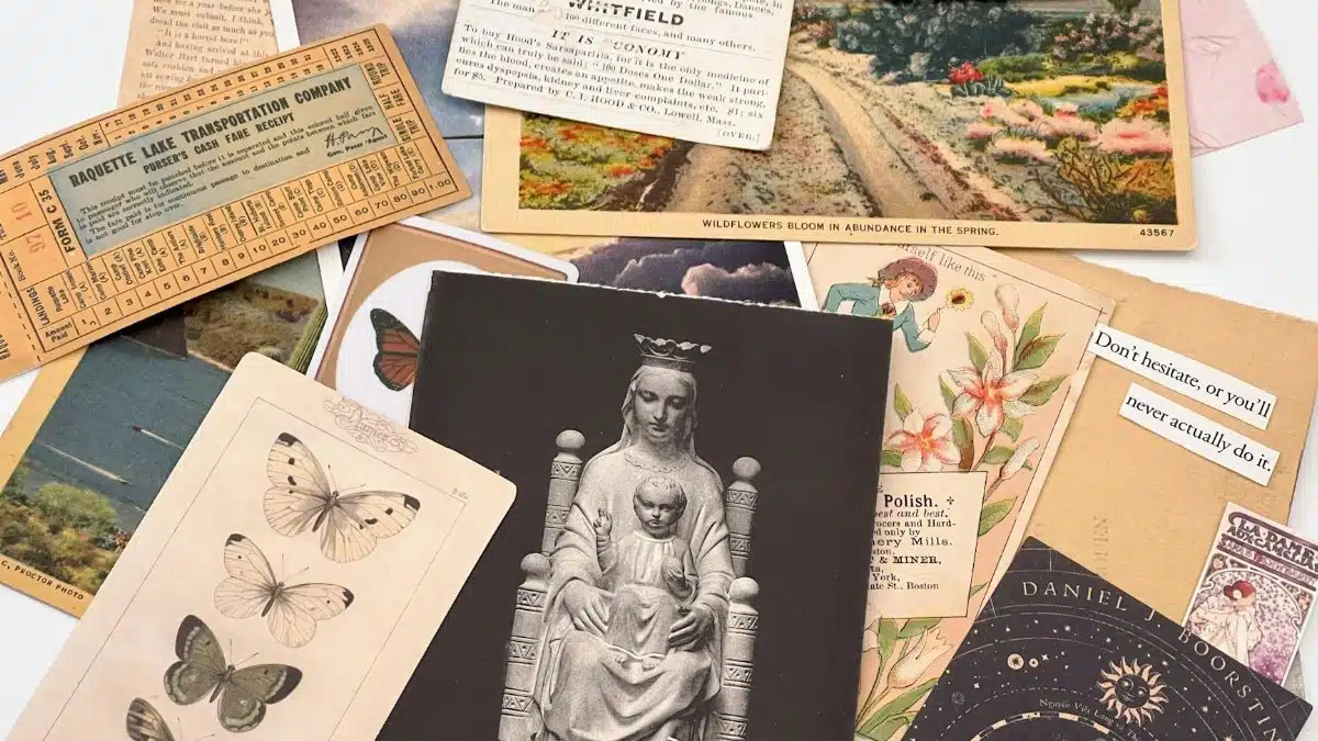 A flat lay of diverse vintage ephemera and postcards featuring art and nature.