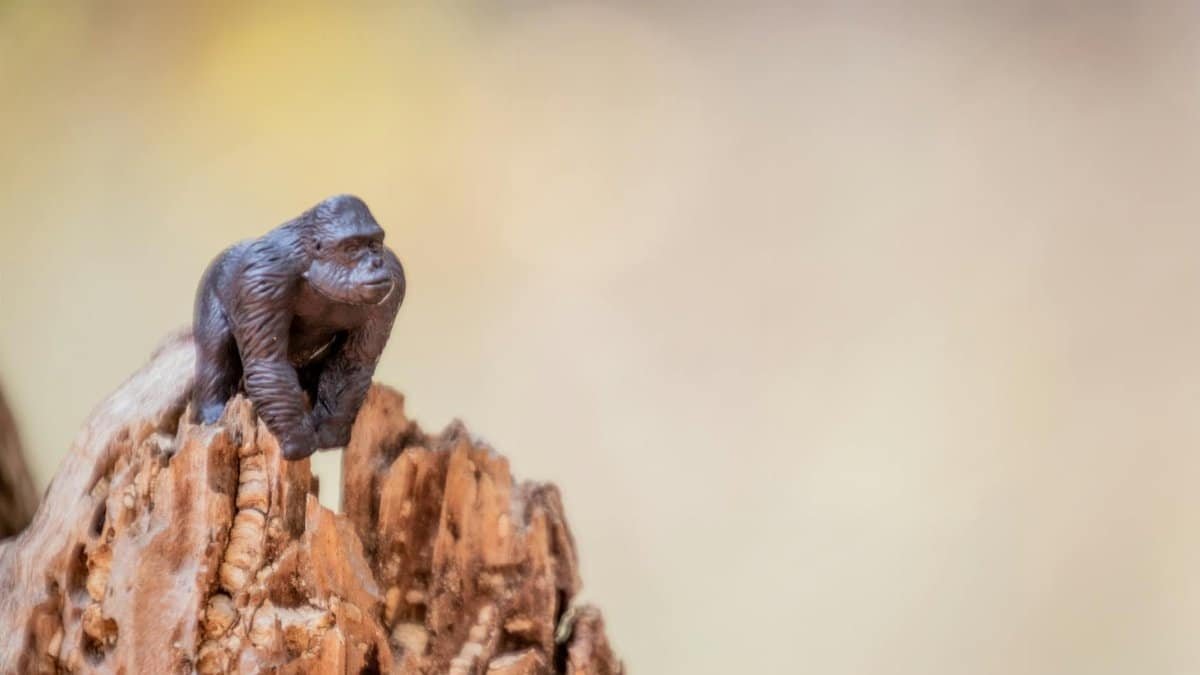 Close-up of a miniature gorilla figurine perched on realistic tree bark with a blurred background.